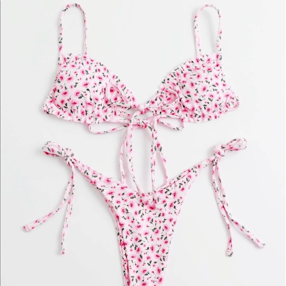 Ditsy Floral Frill Tie Side Bikini Swimsuit